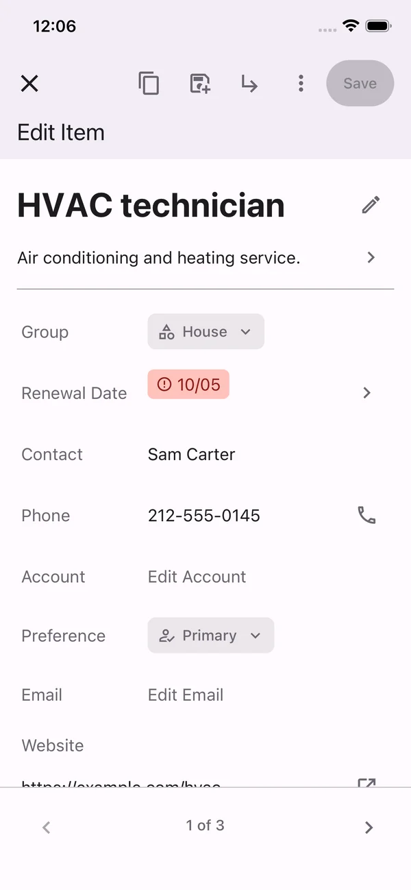The HVAC technician row from the household contacts sample in PantaList's mobile item editor