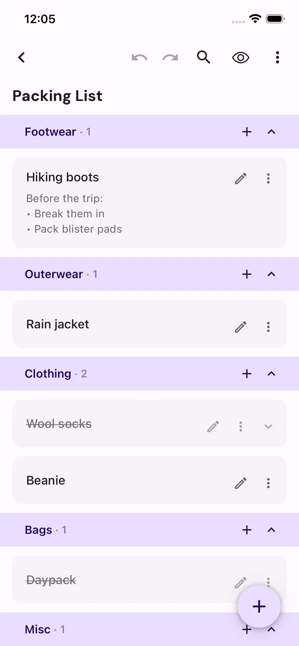 A packing list organized by category