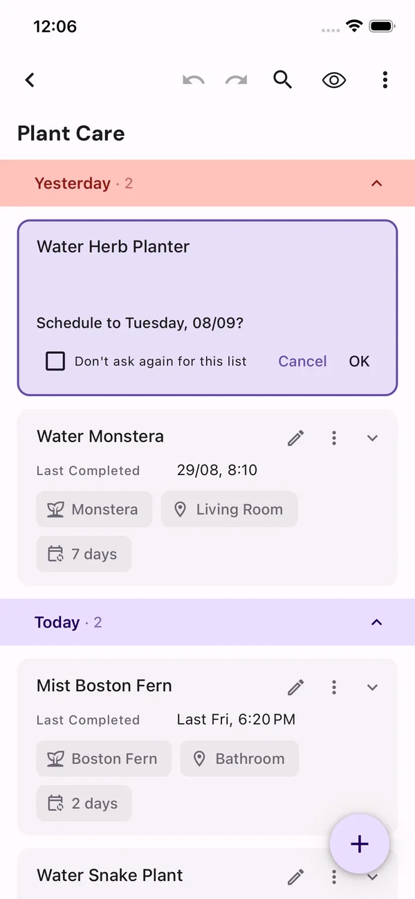 A plant-care card asking to confirm logging the task and scheduling the next one