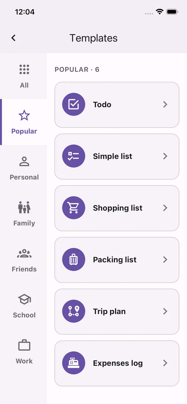 A gallery of ready-made list templates